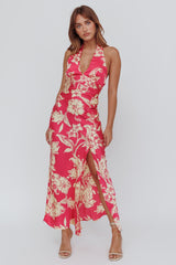 Brighter Days Halterneck Split Midi Dress Fuchsia