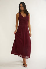 Cambrea Ruched Bodice Midi Dress Burgundy