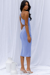 Cleopatra Asymmetrical Neckline Cut-Out Waist Side Split Midi Dress Blue