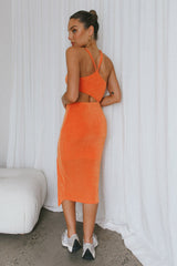 Cleopatra Asymmetrical Neckline Cut-Out Waist Side Split Midi Dress Orange