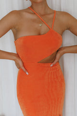 Cleopatra Asymmetrical Neckline Cut-Out Waist Side Split Midi Dress Orange