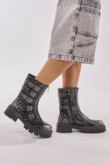AKIRA GOLD ESTERA CHARCOAL EMBELLISHED COMBAT BOOTIE