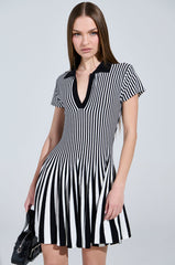 ALINA PLEATED KNIT FIT AND FLARE MINI DRESS IN BLACK AND WHITE