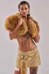 LUXE LIFE FAUX FUR SHAWL IN BROWN
