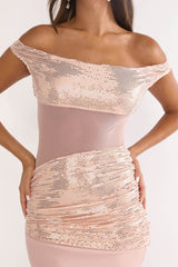 Bellora Off-Shoulder Sequin Trim Maxi Dress Nude