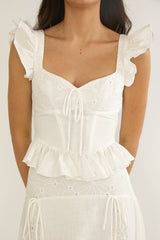 Danette Frill Trim Embroidery Top White