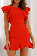 Cupid's Bow Ruffle Shoulder Bodycon Dress Red