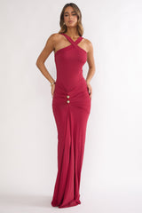 Delaina Ruched Waist Gold Accent Maxi Dress Wine