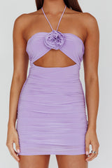 Ca Va Ruched Rose Accent Mini Dress Lavender