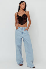 Caught Feelings Floral Velour Crop Top Black/Brown