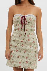 C'est Belle Strapless Lace Trim Mini Dress Beige Floral