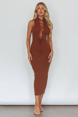 Brand New Day Lace-Up Bust Knit Midi Dress Chocolate