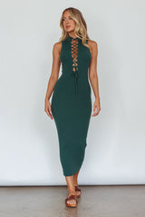 Brand New Day Lace-Up Bust Knit Midi Dress Emerald