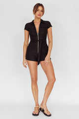 California Girl Short Sleeve Waist Tie Romper Black