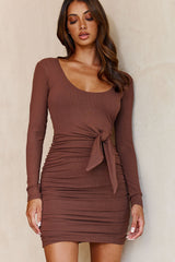 Falling For You Long Sleeve Ruched Bodycon Dress Brown