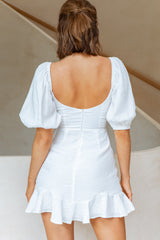 Alma Drawstring Circle Bust Puff Sleeve Mini Dress White