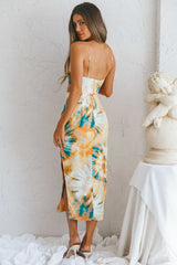 Crazy In Love Cowl Neck Cut-Out Waist Midi Dress Tie-Dye Yellow