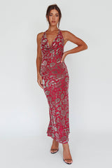 Byzantine Cowl Halterneck Midi Dress Floral Wine