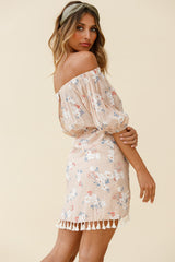 Cayman Tassel Trim Wrap Dress Floral Print Mocha