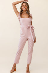 All For Love Square Neckline Ruffle Strap Jumpsuit Blush
