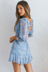 Desiree Sweetheart Neckline Shirred Cuff Frill Dress Floral Print Blue