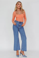 Bobbi Long Sleeve Ruched Side Ribbed Bodysuit Orange
