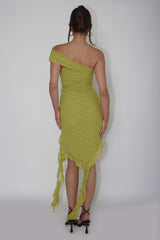 After Party One Sleeve Ruffle Mini Dress Lime