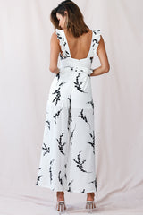 Azure Frill Strap Wide Leg Jumpsuit Floral Print White