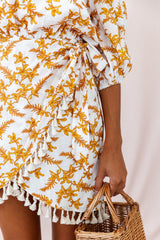 Cayman Tassel Trim Wrap Dress White/Yellow