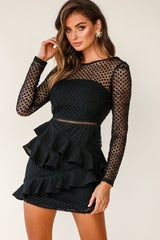 Aramis Long Sleeve Lace & Ruffle Detail Dress Black