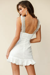 Argyle Bead & Fringe Trim Ruffle Hem Dress White