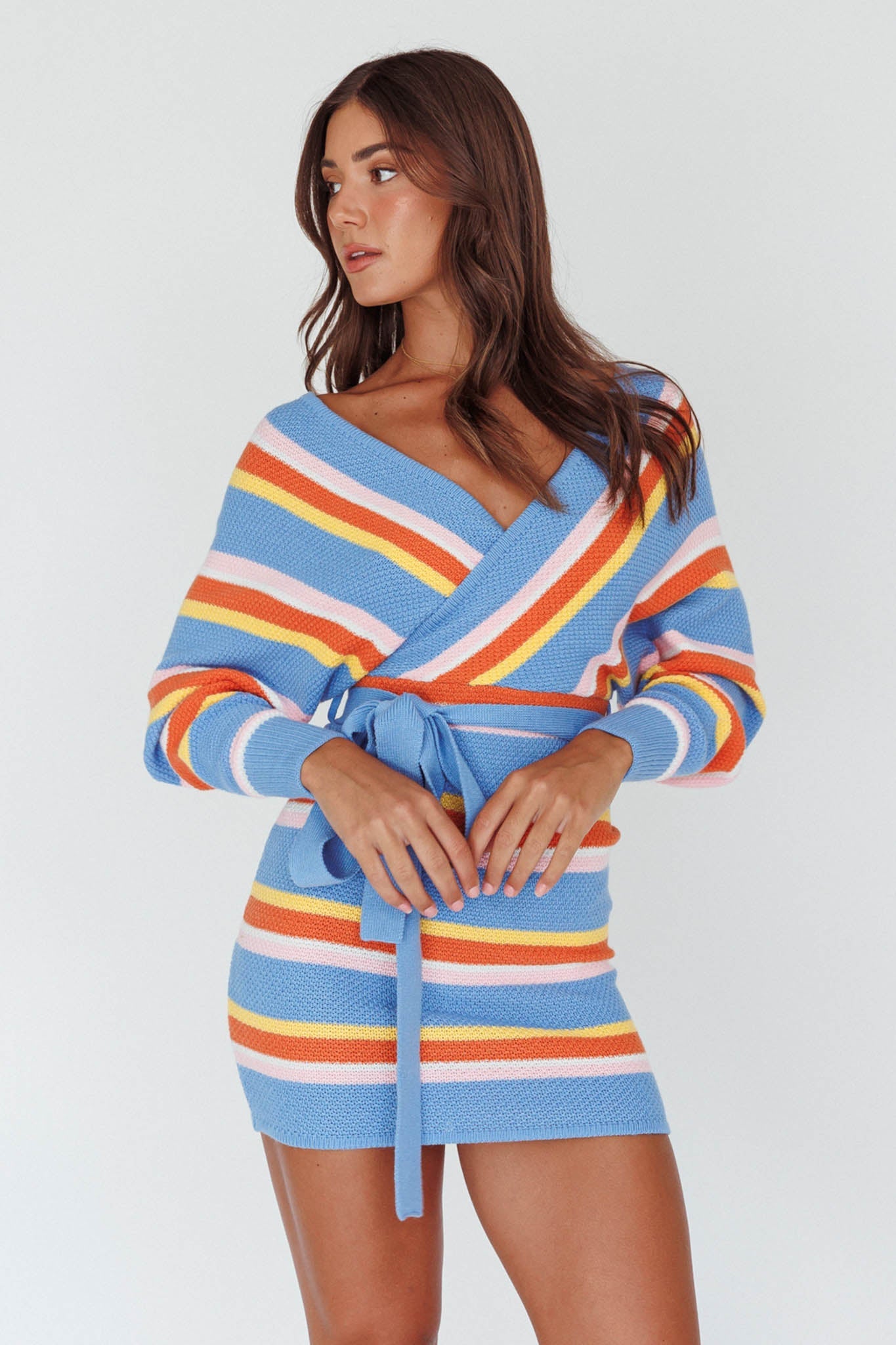 Cameo Batwing Knit Dress Striped Blue