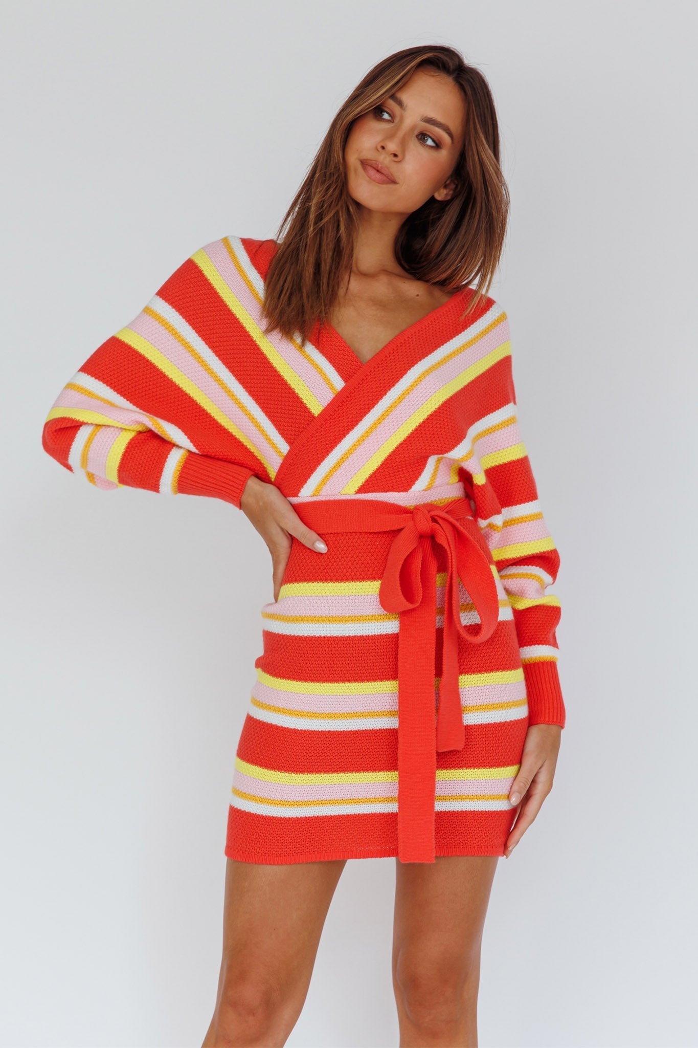 Cameo Batwing Knit Dress Striped Pink