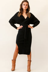 Cameo Batwing Knit Midi Dress Black