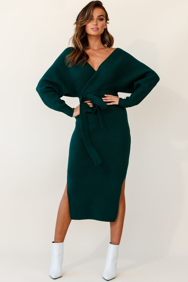 Cameo Batwing Knit Midi Dress Forest Green