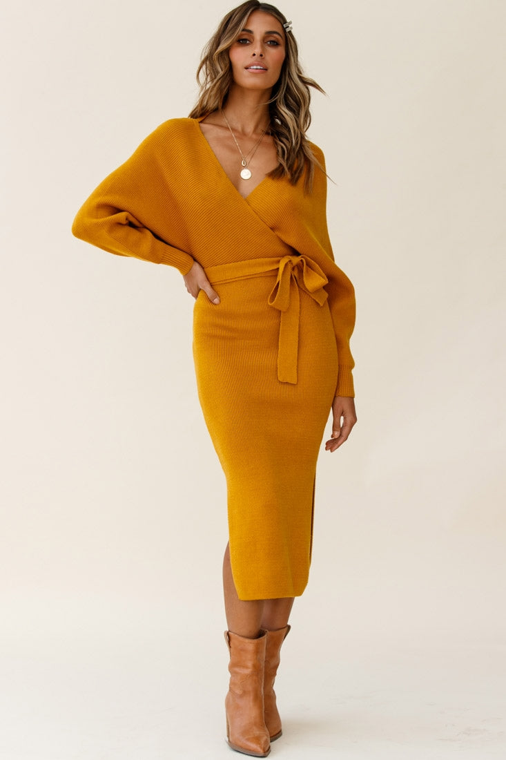 Cameo Batwing Knit Midi Dress Mustard