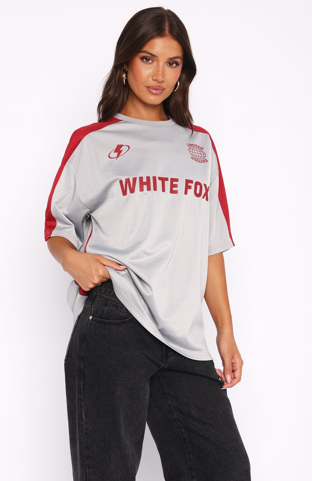 Checking Up On You Oversized Jersey Light Grey/Burgundy
