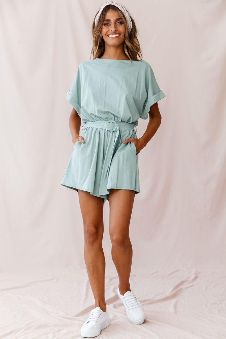 Chelsea Belted T-Shirt Romper Sage