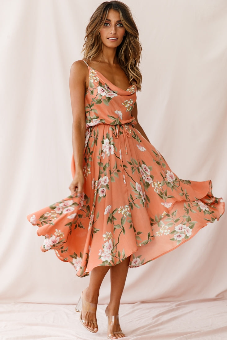 Ava Cowl Neck Drawstring Midi Dress Floral Print Peach