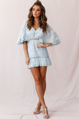 Caspar Leafy Embroidered Dress Baby Blue