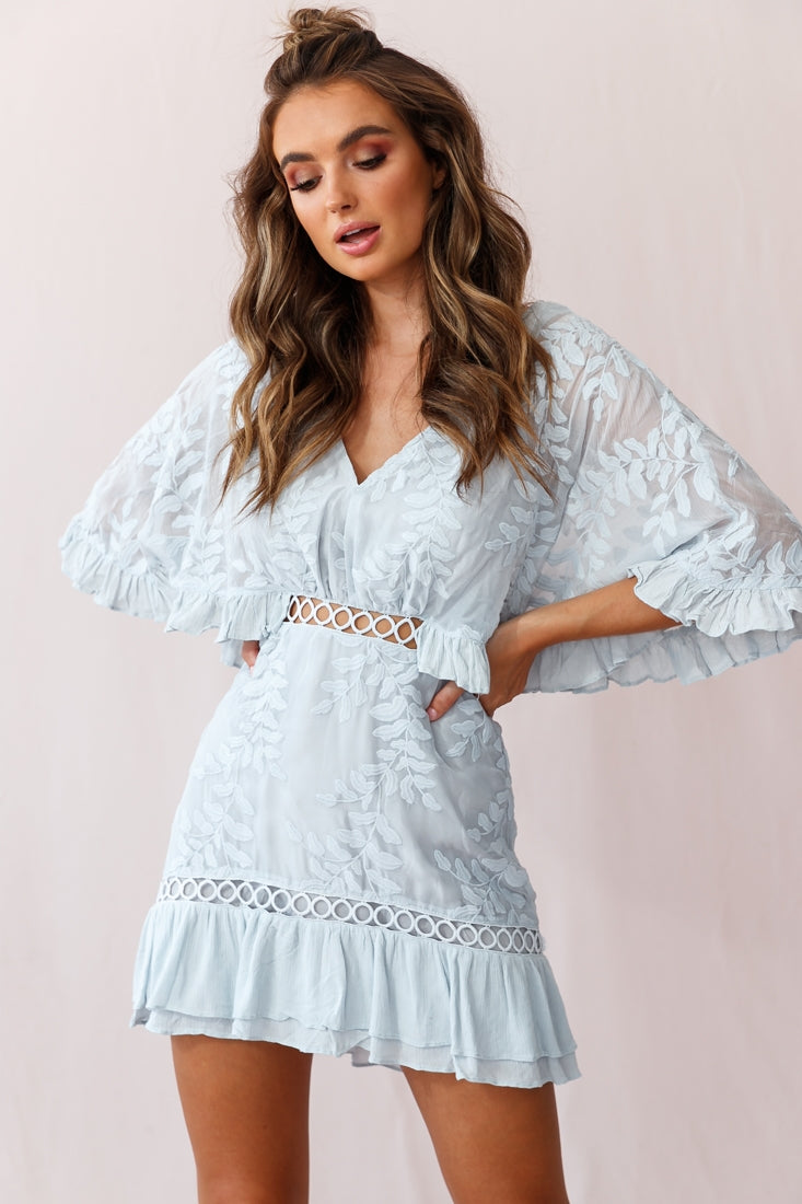 Caspar Leafy Embroidered Dress Baby Blue