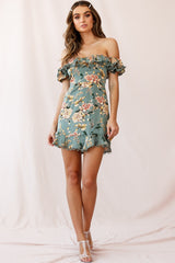 Bobby Bardot Neckline Puff Sleeve Dress Olive