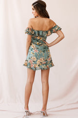 Bobby Bardot Neckline Puff Sleeve Dress Olive