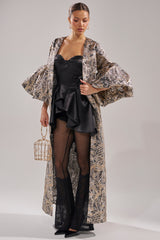 METALLIC PUFF SLEEVE BROCADE DUSTER IN SILVER