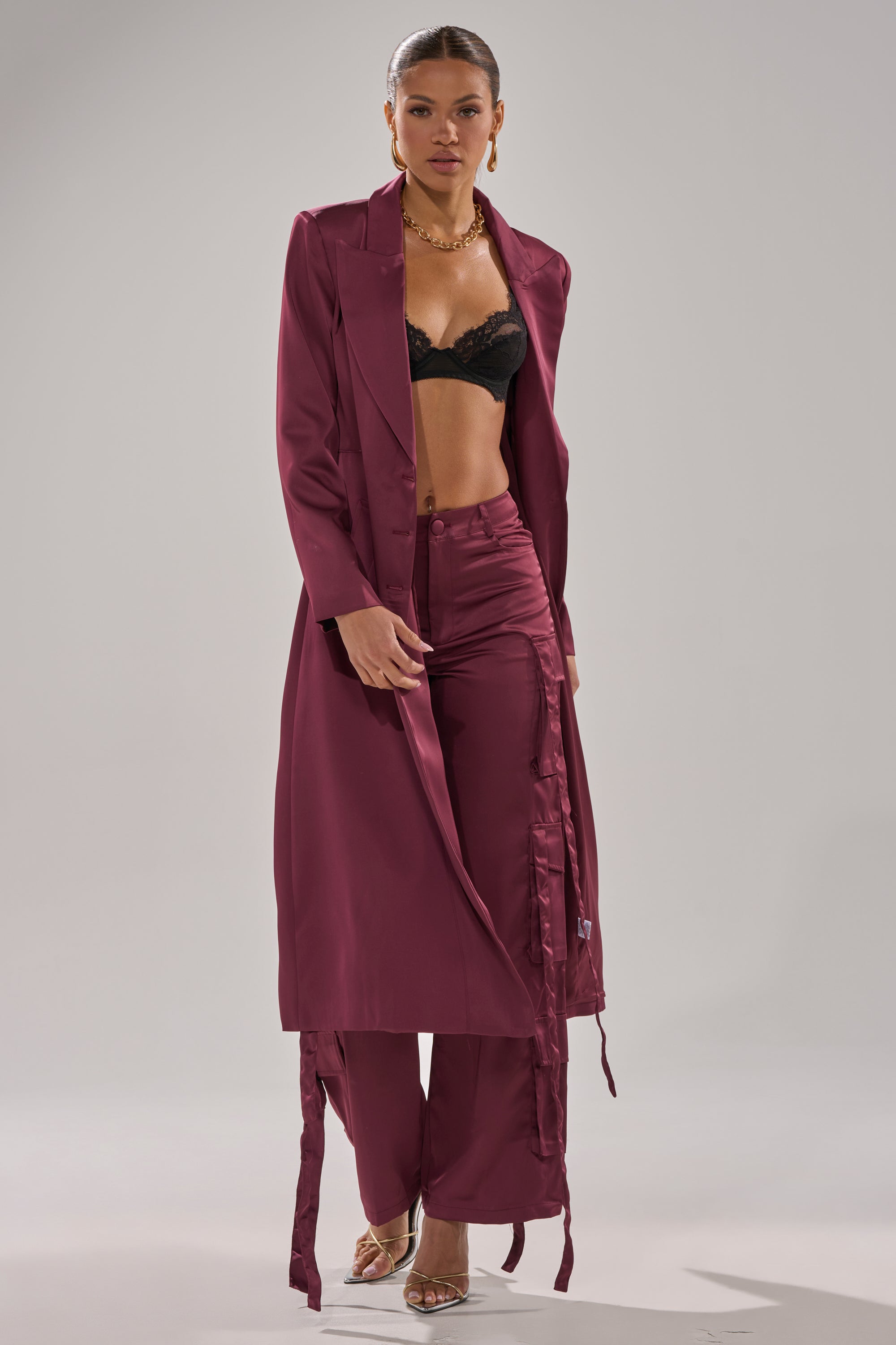 TAKE ME EVERYWHERE SATIN TRENCH IN BURGUNDY