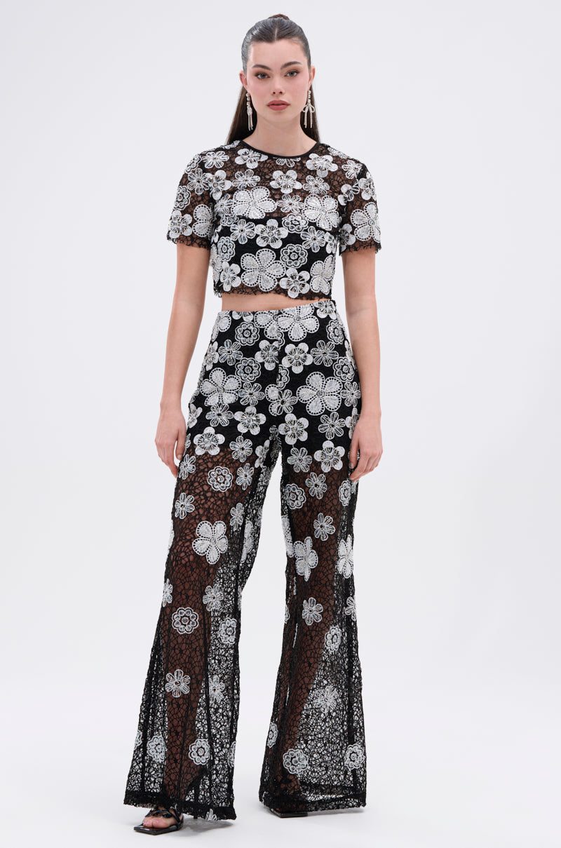 FLORAL SEQUIN MESH SHORT SLEEVE BLOUSE