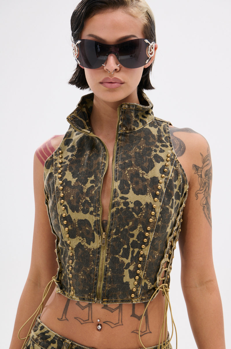 DARIA STUDDED CAMO SIDE LACE TOP