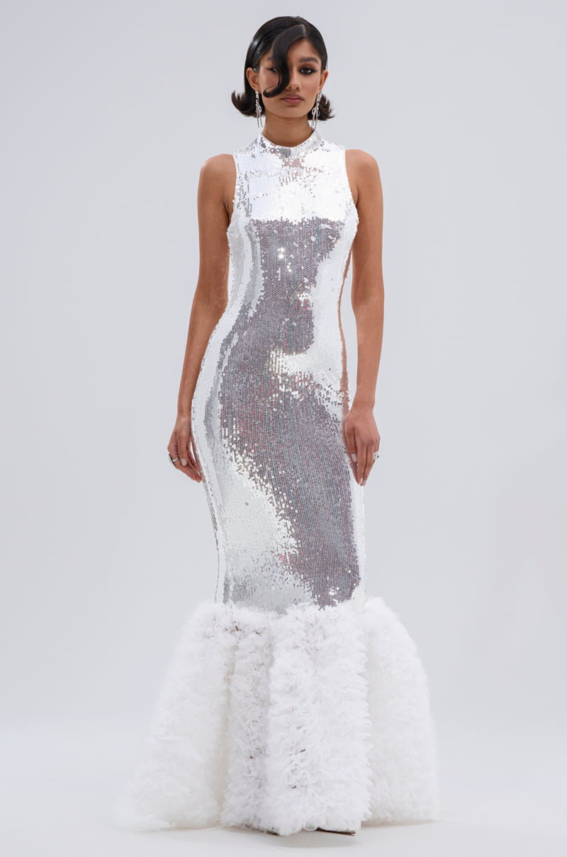 BELLE OF THE BALL SEQUIN RUFFLE MAXI DRESS IN WHITE