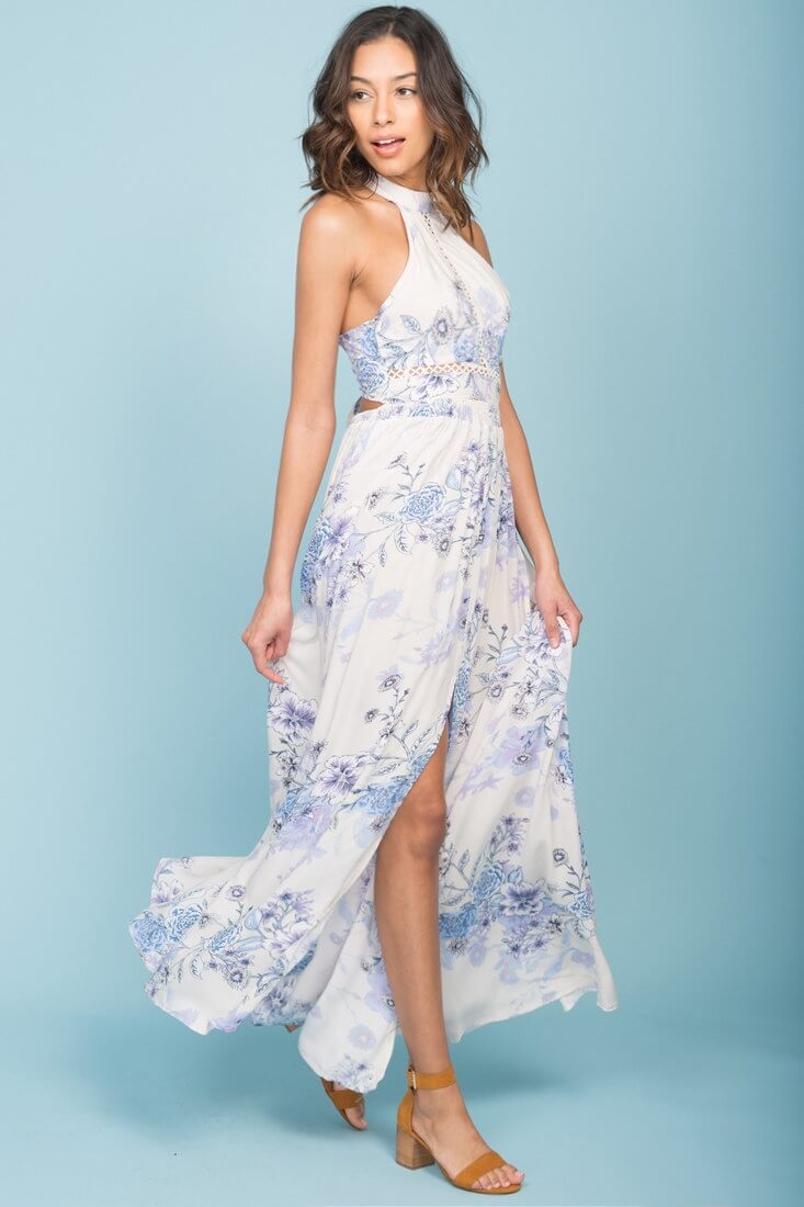 Baylor Floral Print Halter Maxi Dress Beige