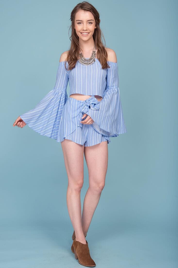 Blaine Tie Waist Pinstripe Shorts Blue